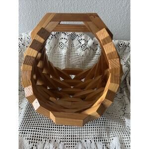 Vintage Mid Century Wood Block Planter Hanging Plant Basket Boho Chic Geometric